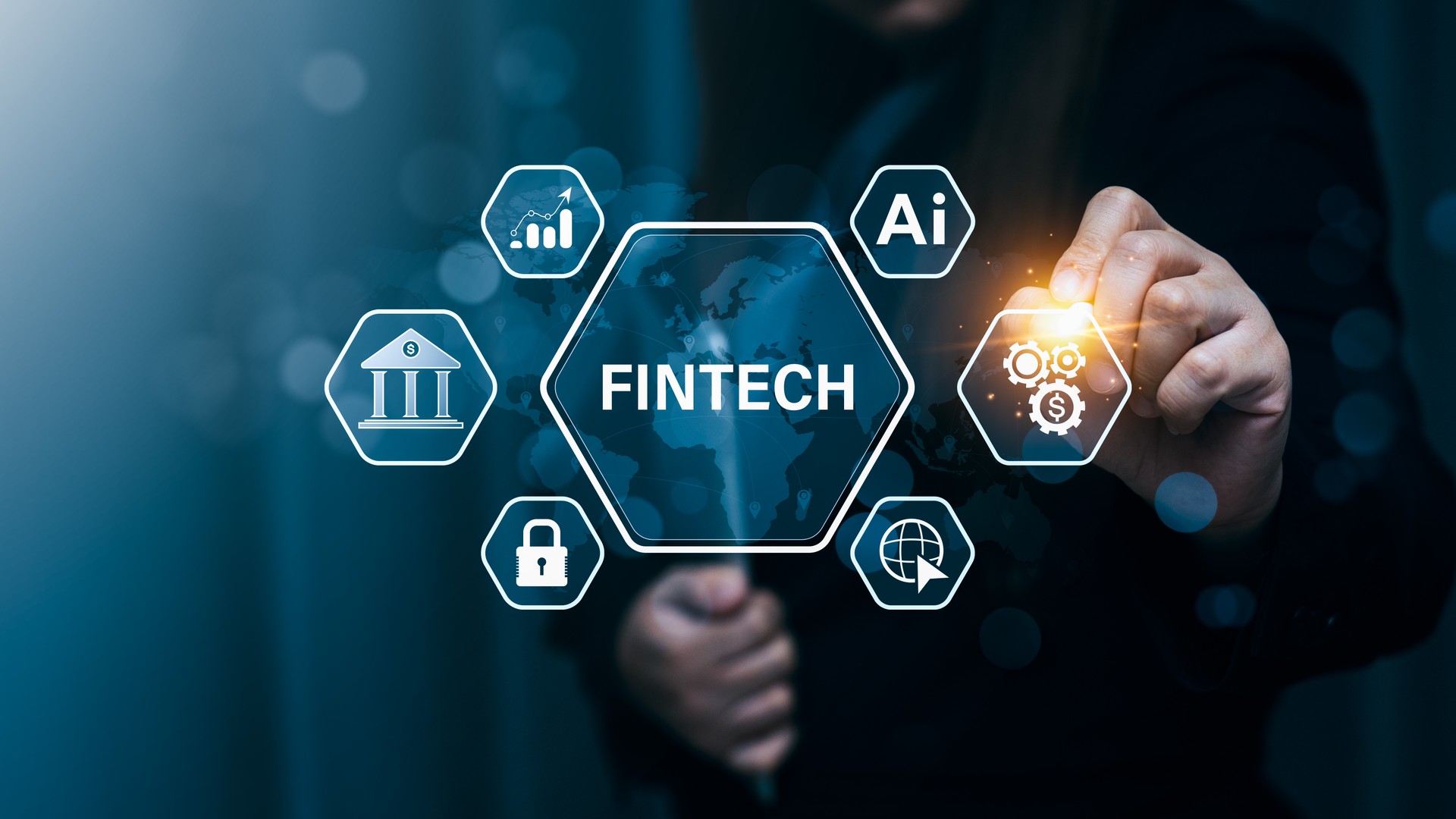 Fintech Technology, Integration of Financial Technology, Artificial Intelligence, and Modern Business Solutions in a Digital Era, internet payment, online shopping, financial technology concept.